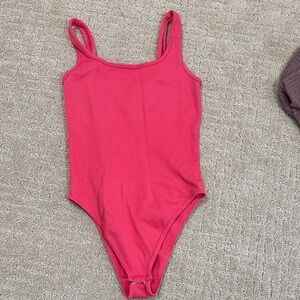 Ribbed Scoop Neck One-Piece Bodysuit in Bright Pink